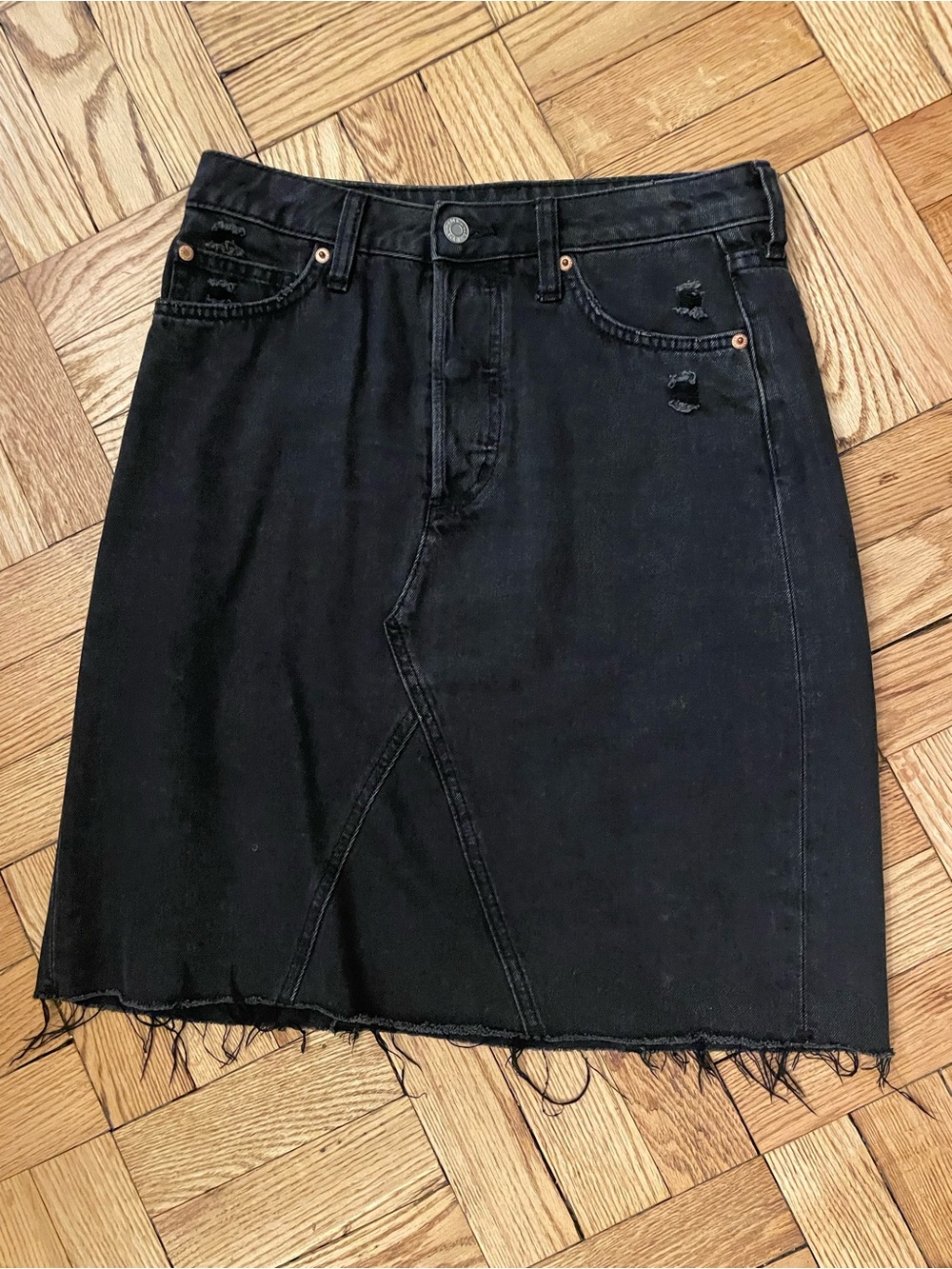 Black Distressed Mini Denim Skirt